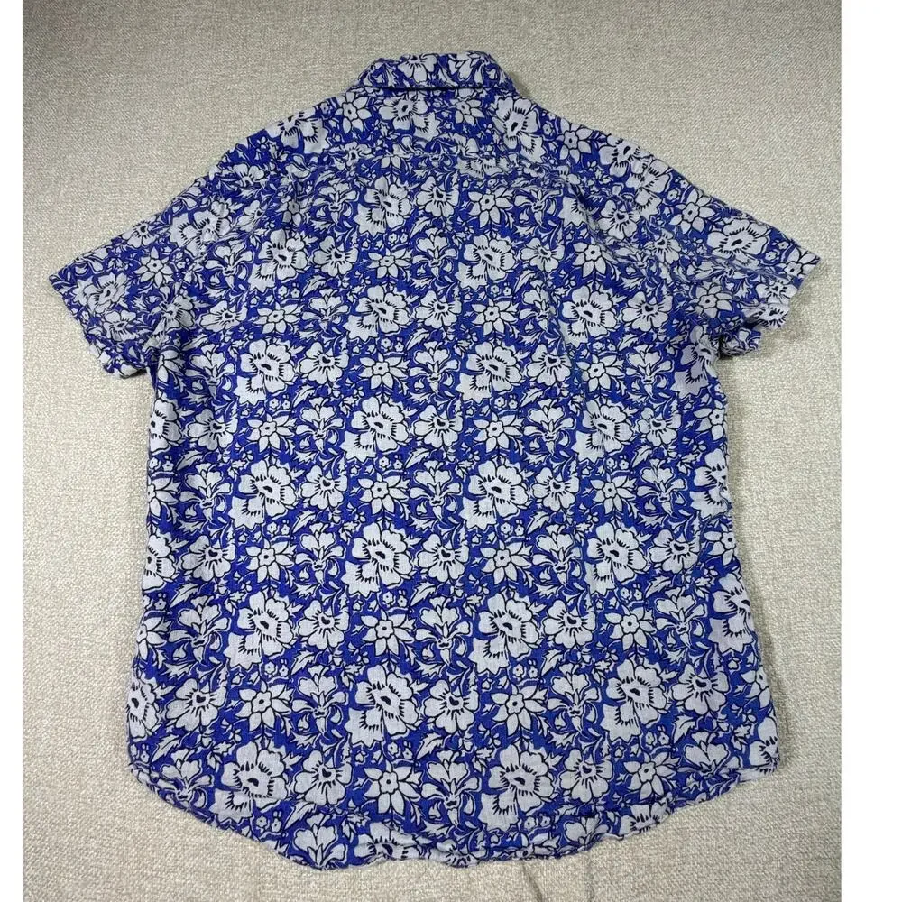 J Crew Men Large Blue White Linen Blend Short Sleeve Button Front Floral Shirt